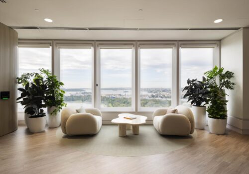 Modern workplace lounge with curved armchairs, indoor plants, and large windows overlooking a city skyline